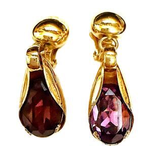 Vintage Napier Purple Glass Teardrop Stones Gold-Tone Clip-On Earrings Pat Pend